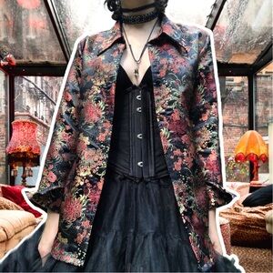 True Vintage y2k Black and Red Chrysanthemums Silk Brocade Shacket, Size M